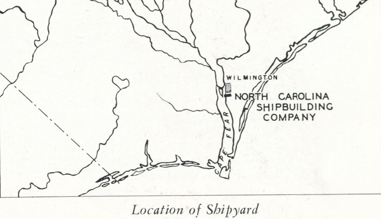 Drawn map of Wilmington highlighting the North Carolina Shipbuilding Company. The map also highlights the cape fear river.