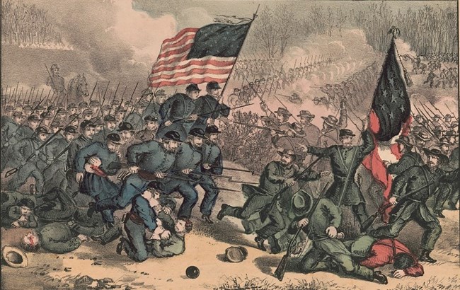 A colored illustration showing two groups of uniformed soldiers fighting with bayonetted rifles.
