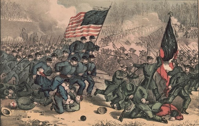 Second Manassas Lithograph A colored illustration showing two groups of uniformed soldiers fighting with bayonetted rifles.