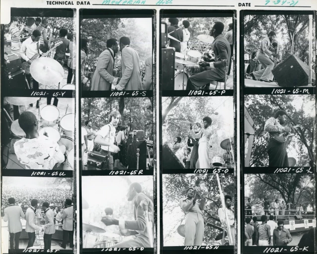 Contact sheets for miscellaneous performances at Meridian Hill/Malcolm X Park. Circa 1971. A page full of black and white image slides—showing mostly black musicians performing on stage. Titled "meridian hill, 7/24/71