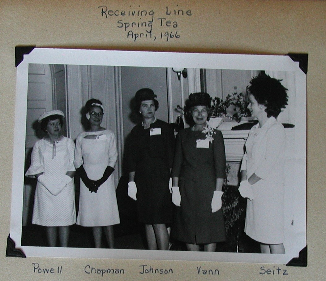 five women wearing fancy dresses stand in a line