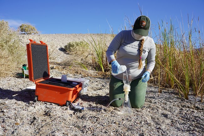 Woman kneels on sand, pouring a desert spring water sample into a filter on top of a glass beaker.