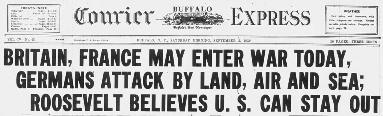 Banner headline, bold all-caps text immediately under the Buffalo Courier Express masthead.