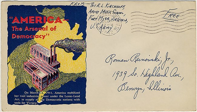 An envelope from Fort Myer, Virginia to Berwyn, Illinois. Image on the left side is a brightly colored stylized factory with smoke coming from the smokestacks overlaid on a map of North America. The caption is overprinted on the image.