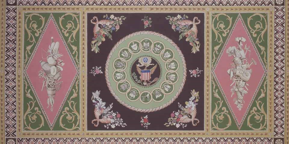 Illustration of elaborate carpet with central medallion featuring the Great Seal of the U.S. Illustration of elaborate carpet with central medallion featuring the Great Seal of the U.S.