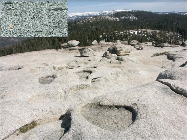 Worn depressions in the granite top of Sentinel Dome, known as weathering pans, and closeup image of textural detail of granodiorite rock type..