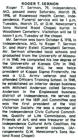 Sermon Obituary Sermon’s obituary from the Kansas City Star, March 29, 1998.