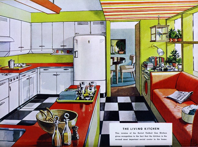 A color illustration of a kitchen. It includes white cabinets and appliances, bright green walls, red counter tops, a red sofa, several plants, and a kitchen island. The floor is black and white checkered tiles.