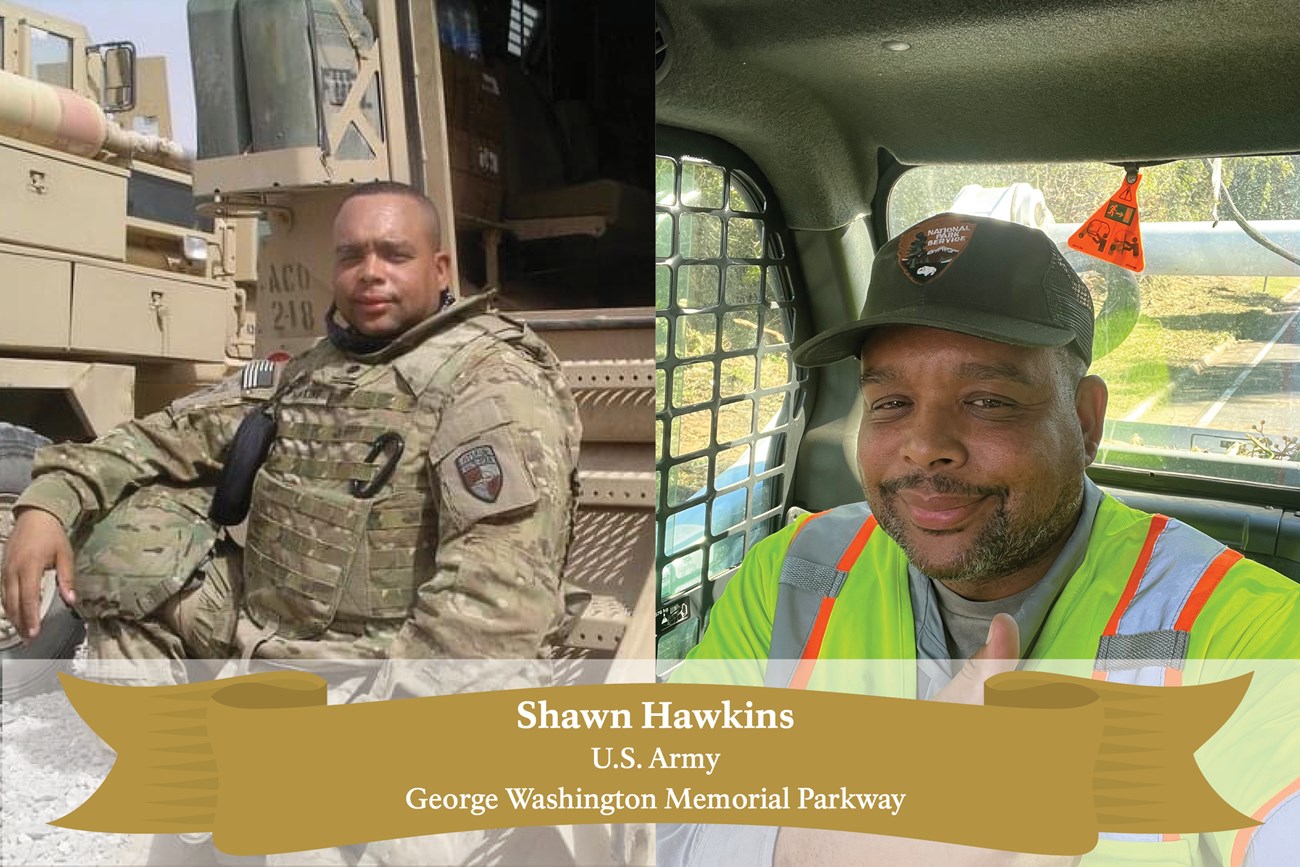 Shawn Hawkins A split picture of a park ranger with a golden banner in the lower third.