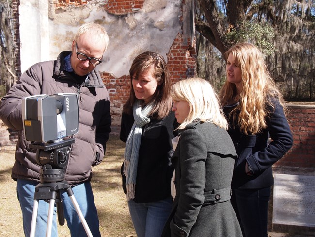 Professor Chad Keller with students at Old Sheldon Church. Professor Chad Keller with students at Old Sheldon Church.