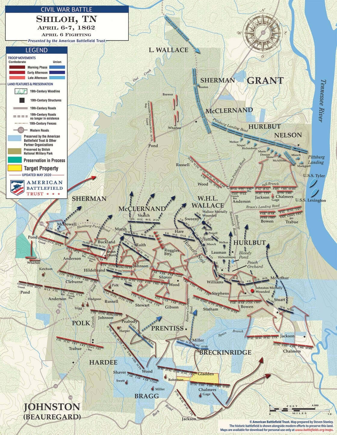 Map of the Battle of Shiloh that notes troop movements, generals, and geography of the battlefield.