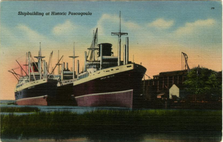 Shipbuilding Postcard1 Postcard of two ships at a dock with lightening sky