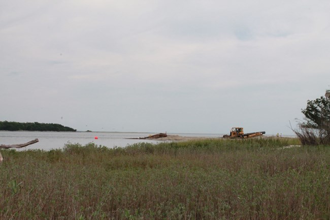 Men work with equipment and machinery to create a sandy shoreline on a cloudy day. Marsh grasses can be seen in the foreground; a river drifts lazily in the background.