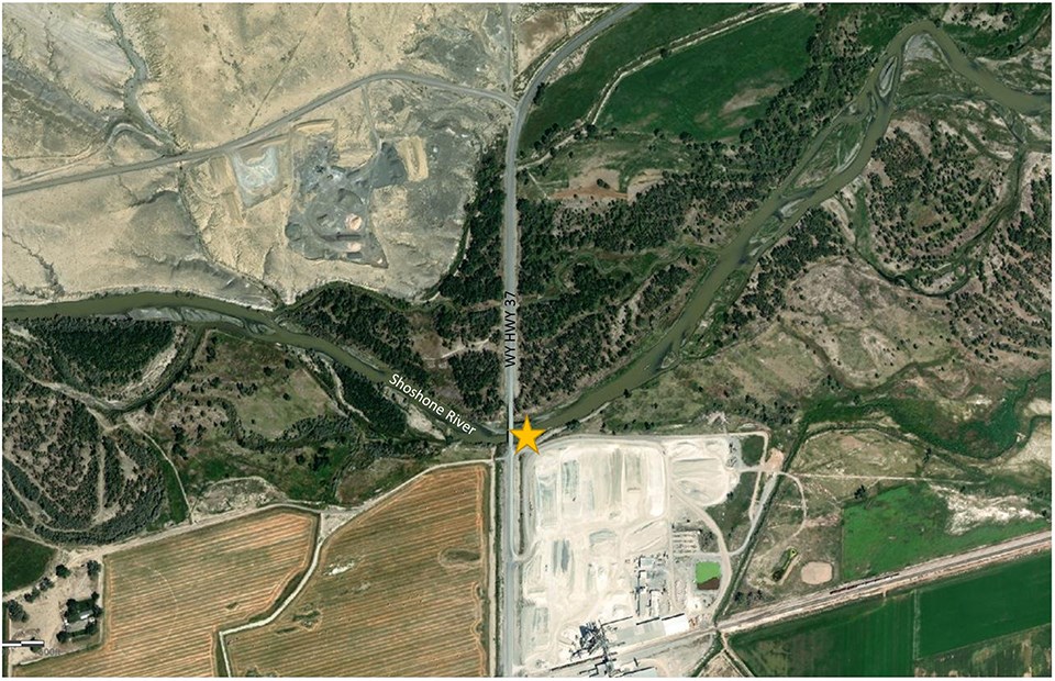 Aerial imagery of the Shoshone River and the monitoring location at the bridge on Highway 37.