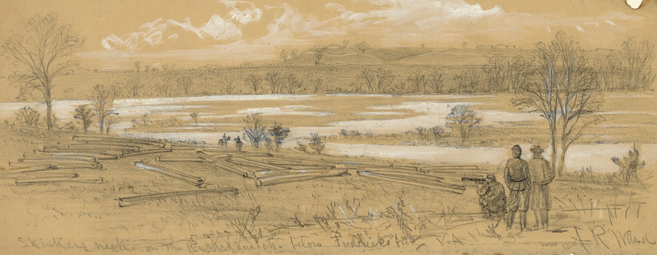Pencil sketch of three soldiers surveying a river with building materials scattered along the riverbanks.