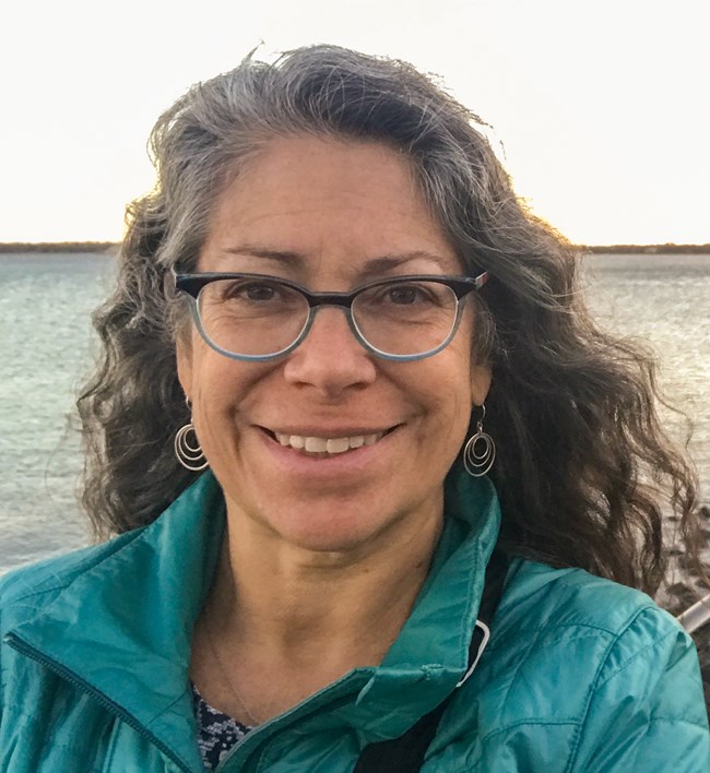 Britt Slattery An image of a woman with salt and pepper shoulder length curly hair, wearing glasses and a blue jacket.