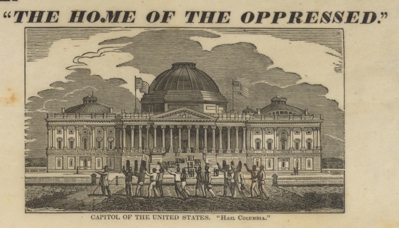 A black and white sketch showing a line of enslaved people chained together in front of the US Capitol. The words “Home of the Oppressed” stretch across the top of the page.
