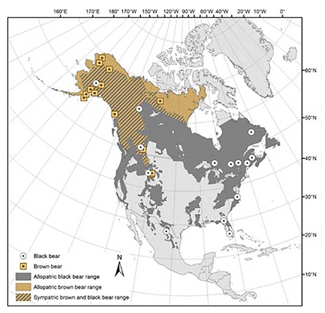A map showing distribution ranges for black and brown bears with the locations of populations used for the study.