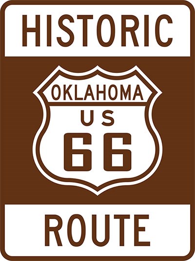 Brown and white shield on a rectangular sign reads Historic Route Oklahoma U.S. 66.