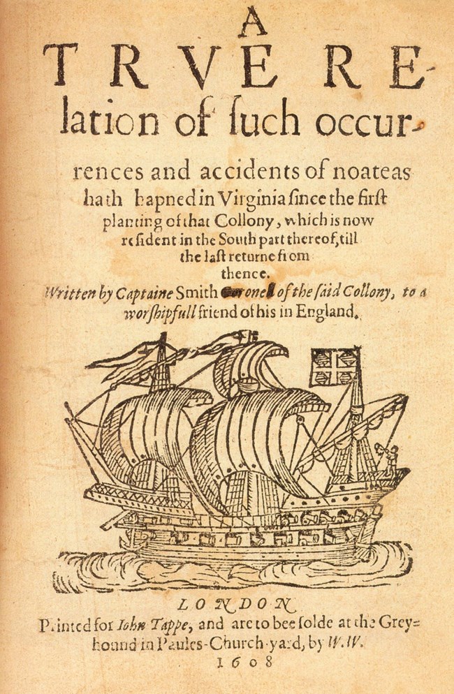Title page from John Smith's published 1608 letter A True Relation