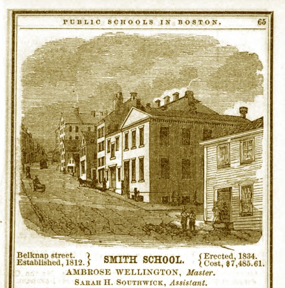 Black and white illustration of the Smith School on Belknap Street, it is square two story building