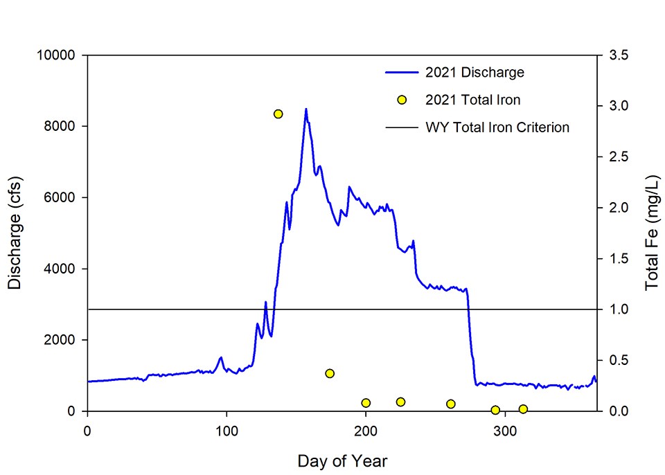 A line graph of 2021 discharge and monthly total iron. Also shown is the total iron criterion for Wyoming