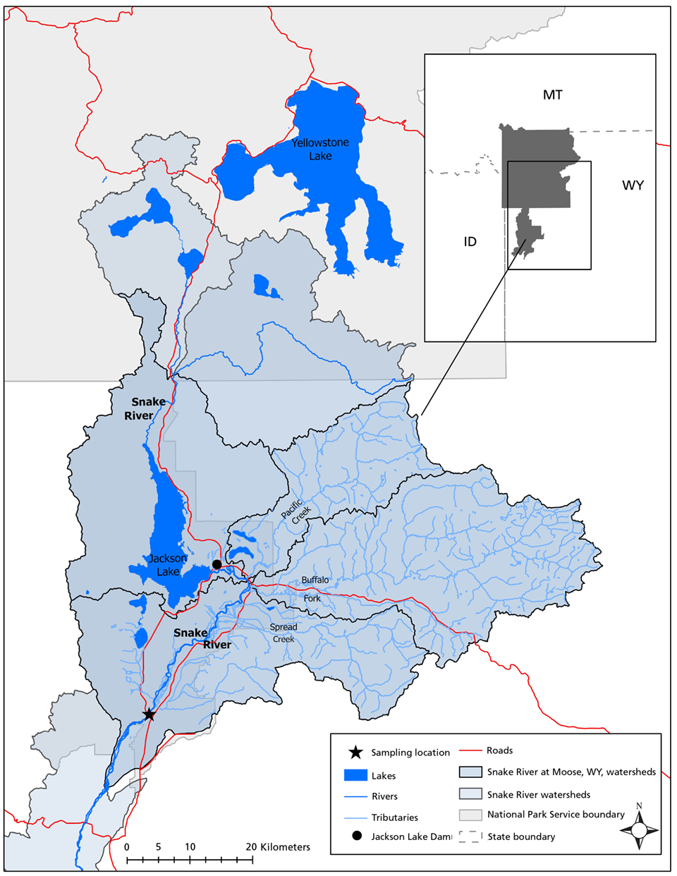 Map of the watersheds of the Snake River segment at Moose, WY