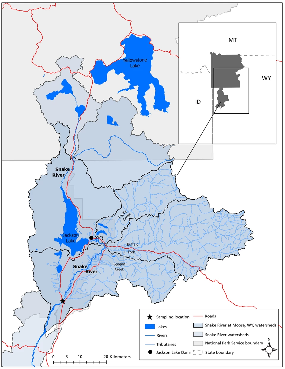 Snake River watersheds Map of the watersheds of the Snake River segment at Moose, WY