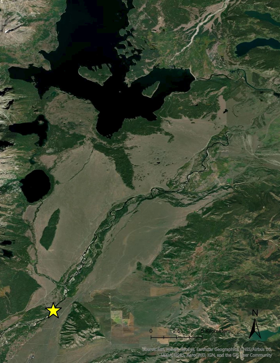 Snake River at Moose, WY Map of Snake River with a star marking the Moose, WY, monitoring site below Jackson Lake