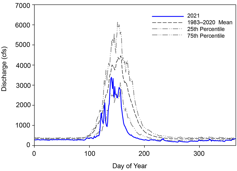 Graph of average daily discharge from 1983 to 2020, the 25th and 75th percentiles, and in 2021