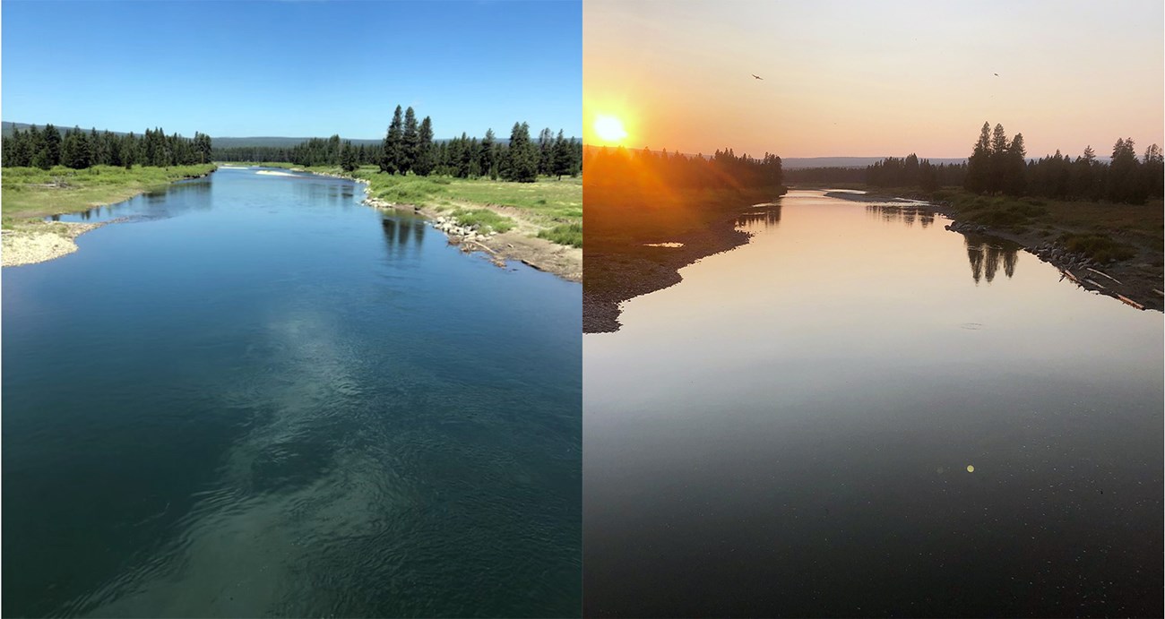 The Snake River in June and August of 2021. The river is lined by evergreen trees and flow is higher in June.