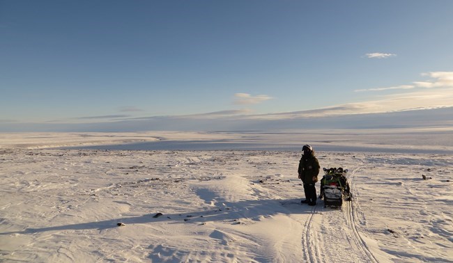 Person standing beside snow mobile in open snow-covered field.