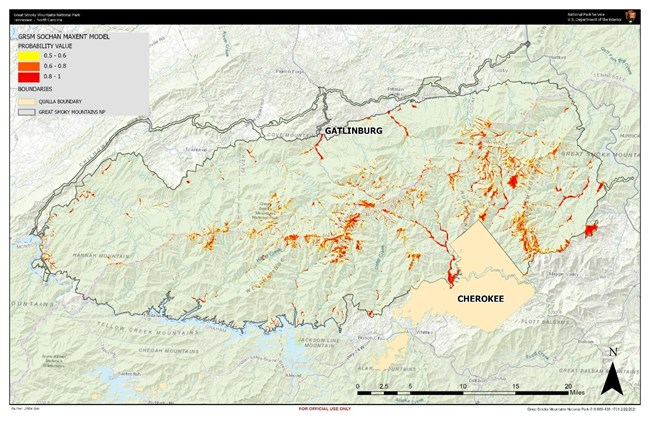 A map showing the results of the sochan habitat distribution model.