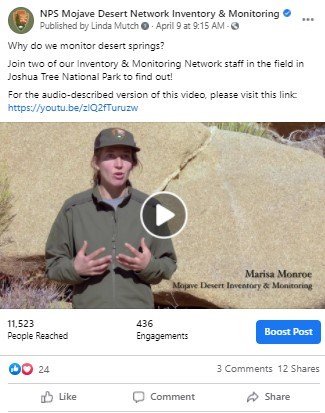 Image of a Facebook post showing a woman standing in front of a rock talking about desert springs monitoring for video.
