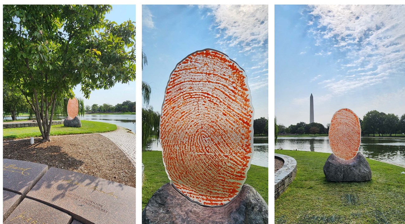 The Soil You See...three views Three photos of The Soil You See sculpture of a large red thumbprint near Signers Island in Constitution Gardens