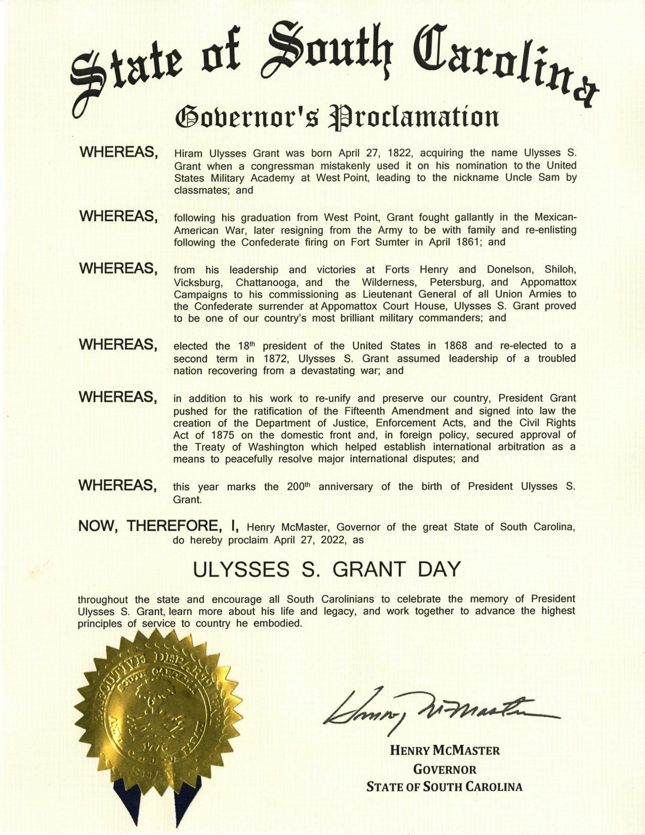 Message from South Carolina honoring the 200th anniversary of the birthday of Ulysses S Grant. The seal of South Carolina is attached in gold on the bottom left of the page.
