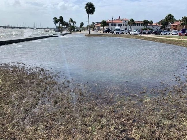 Water crashing over the sea wall and flooding the park's lawn.