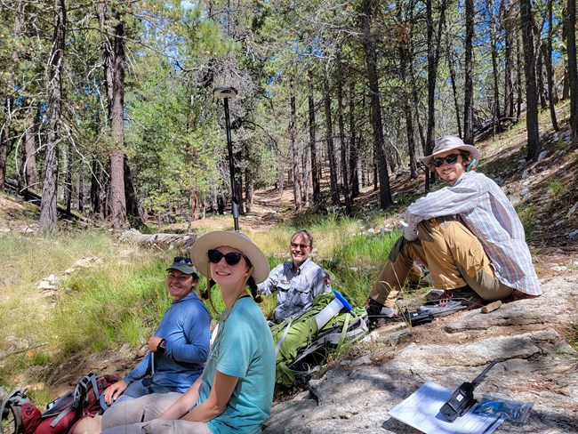 Four people smile at a camera, sitting among green grass holding spring monitoring equipment.