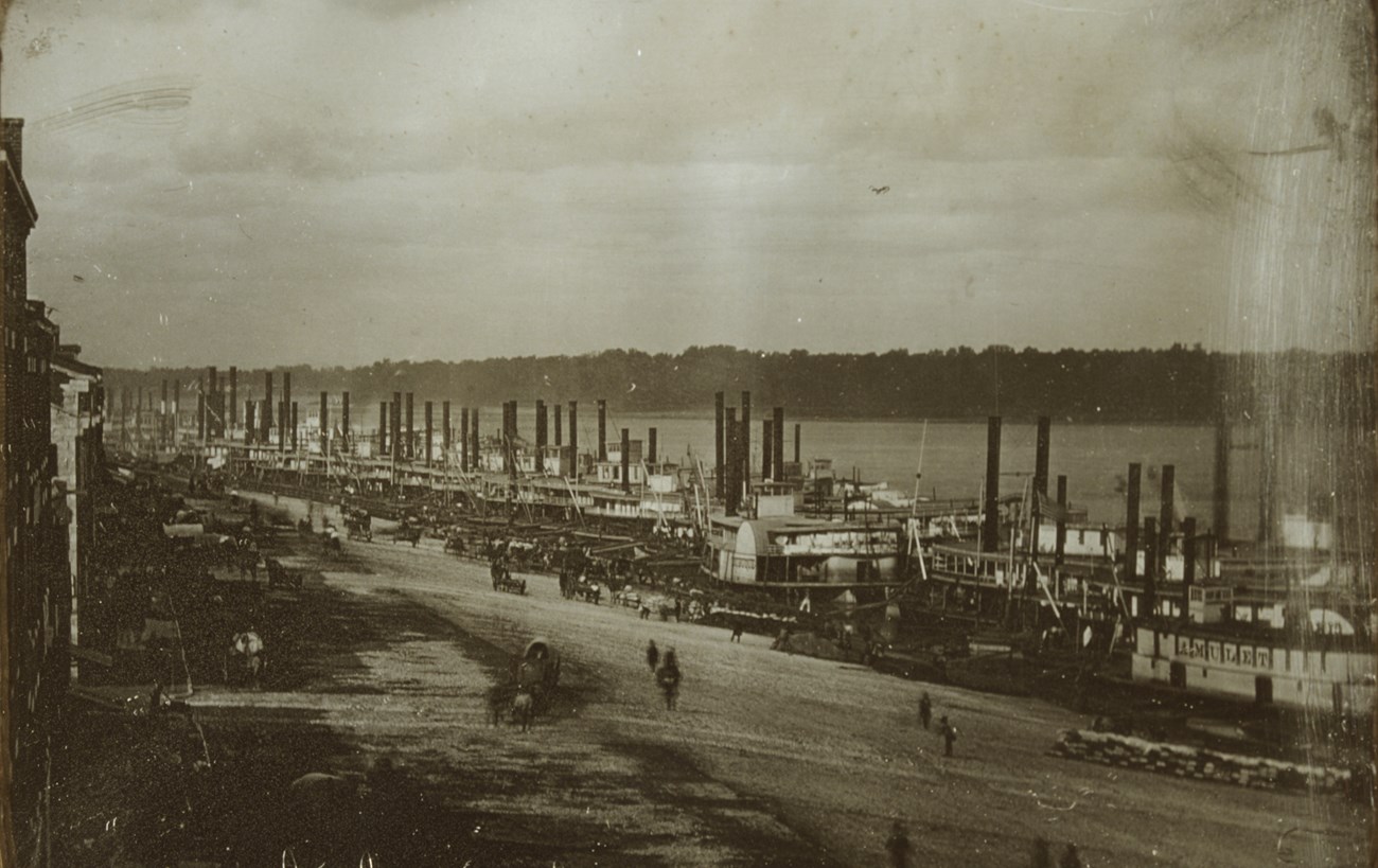image of the St. Louis riverfront in the 1850s. A large number of steamboats are docked on the Mississippi River.