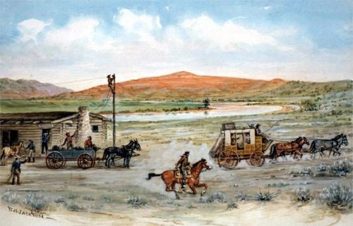 Red Buttes Wyoming A watercolor painting depicts a telegraph line being strung with a Pony Express rider in the foreground.