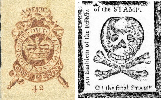 Two printings of stamp acts, the British Parliament Stamp act printed in red on left and the protest stamp act in black and white on right.