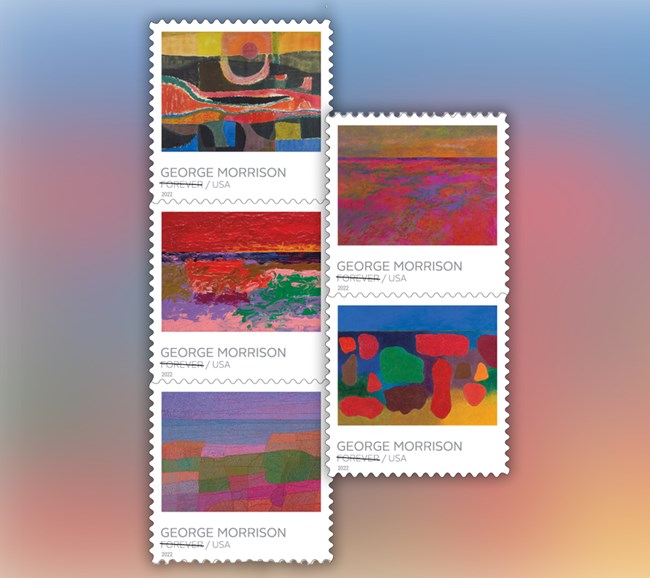 A group of five postage stamps with color images (George Morrison paintings).