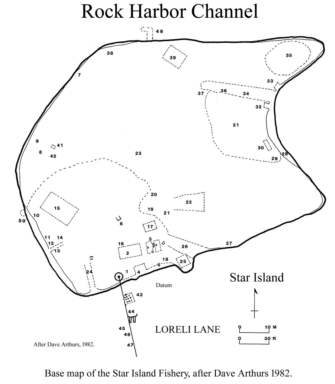 Star Island Fishery Map sketch of Star Island Fishery site, pinpointing 50 points of interest