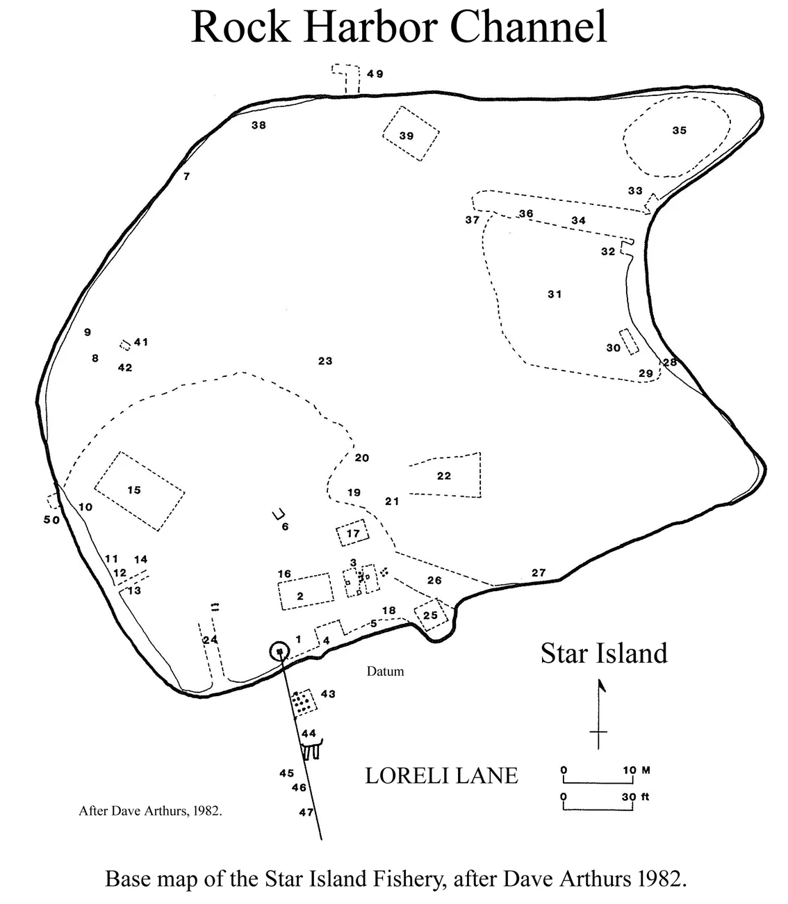 Star Island Fishery Map sketch of Star Island Fishery site, pinpointing 50 points of interest