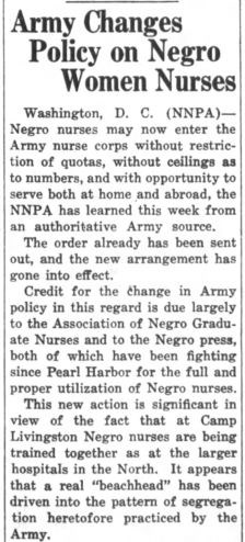 Newspaper clip with the headline "Army Changes Policy on Negro Women Nurses"