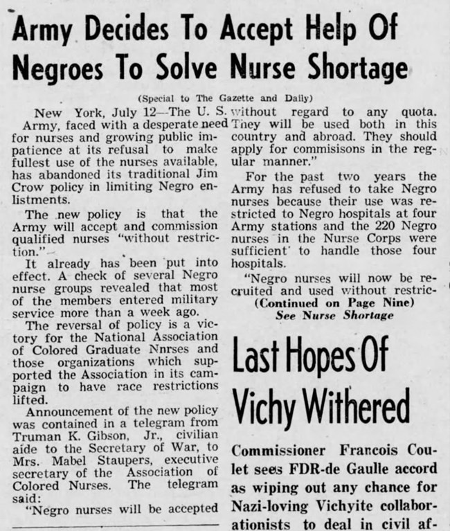 Newspaper Clipping, Headilne "Army Decides to Accept the Help of Negroes to Solve Nurse Shortage."