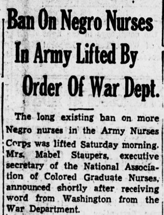Newspaper clip with headline "Ban on Negro Nurses in Army Lifted By Order of War Dept.