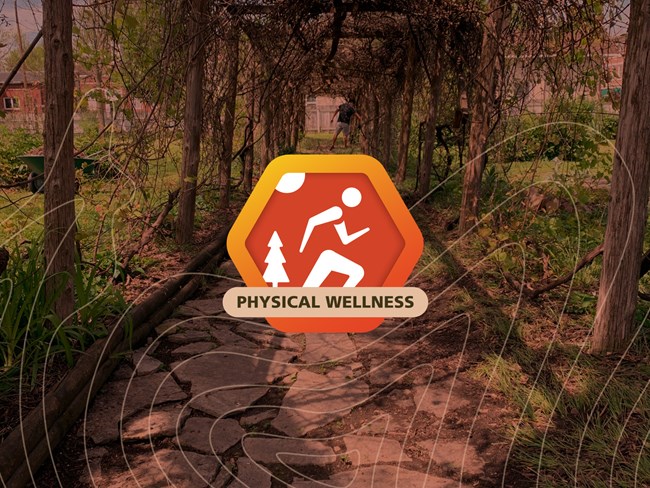 an orange hexagon graphic of a person running on top of an orange tinted photo of a covered path