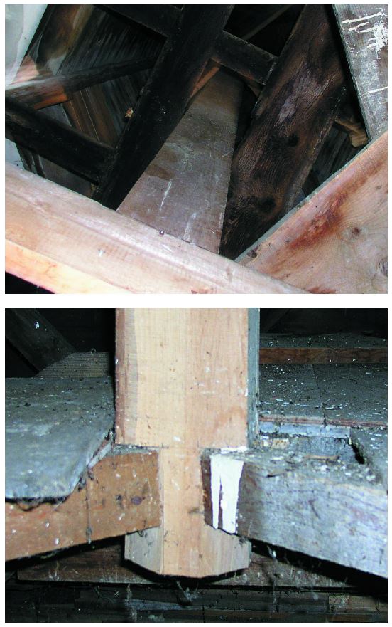 Two images – top looking up a central timber post surrounded by timber framing. Bottom closeup two beams join a central post.