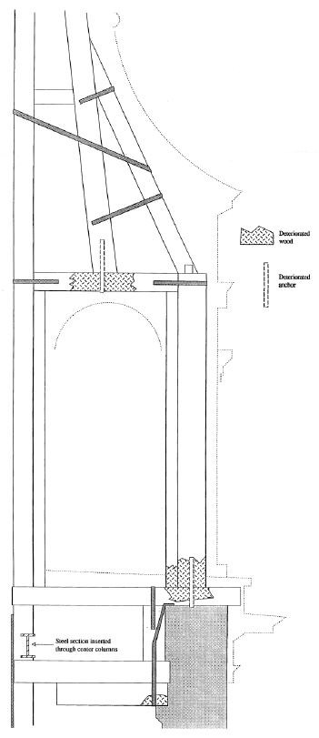 Technical drawing of steeple with small sections with markings indicating deteriorated wood and anchors.